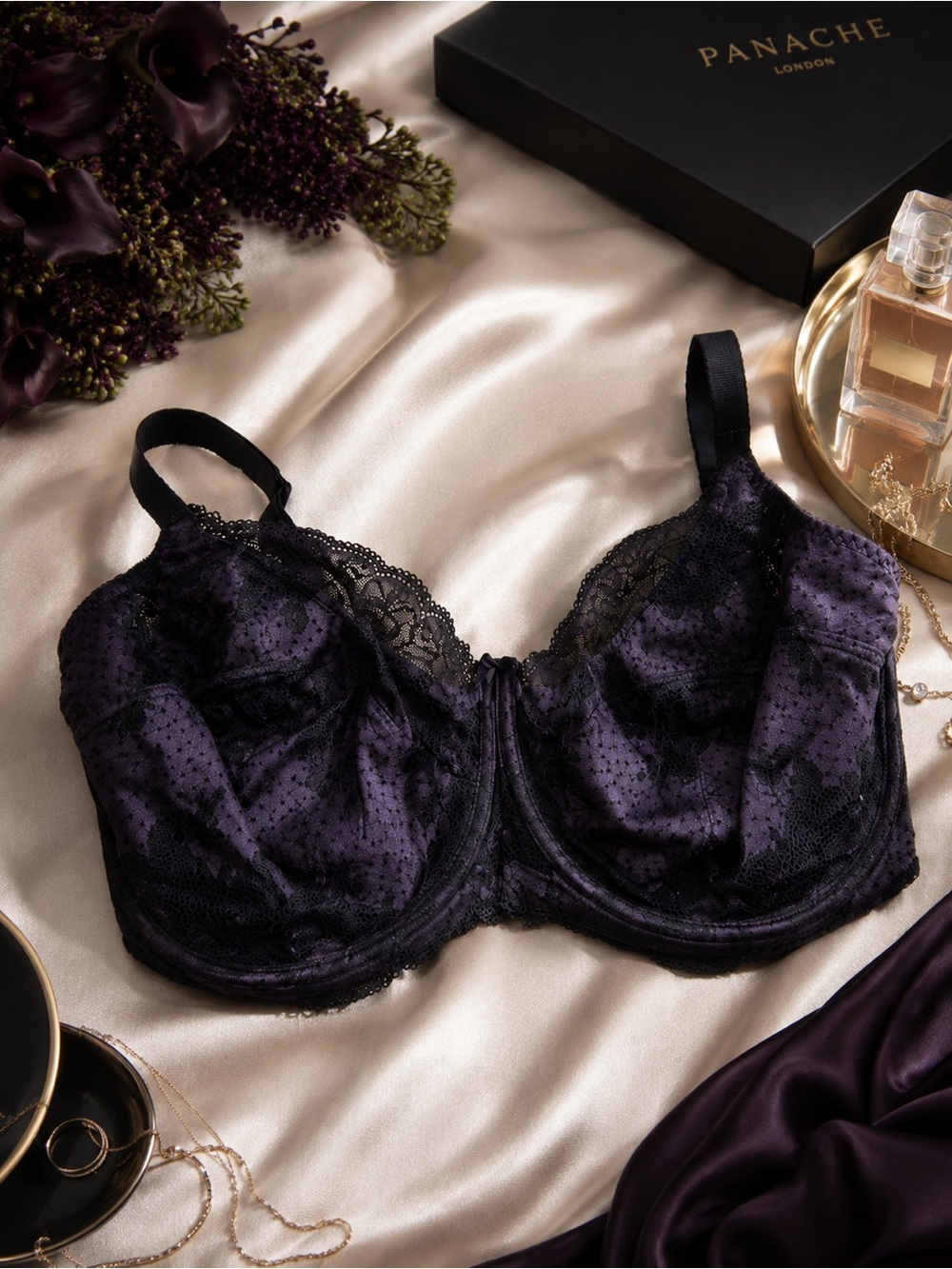 Panache Clara Balconette Full Cup Bra 40J Black Purple Lace Underwire Minimizer